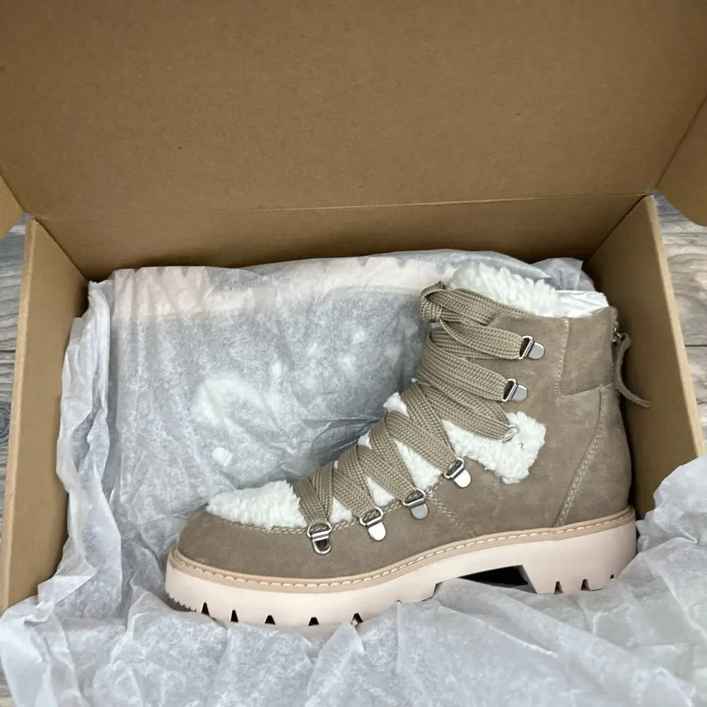 NEW Dolce Vita Pace 8 Faux Shearling Trim Lug Sole Suede Hiker Ankle Boots